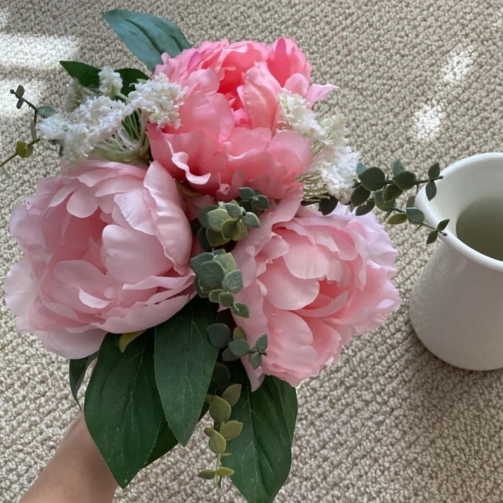 IKEA Faux Pink Flower Bouquet with Farmstyle Pitcher Vase Cream Center Piece
